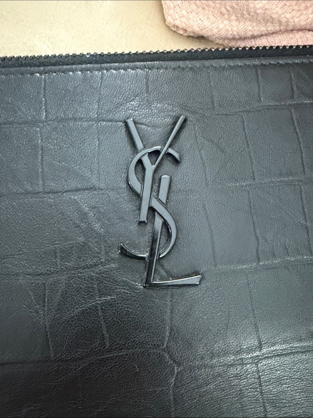 Saint Laurent Black Croc-Embossed Leather Zip Pouch Clutch - Picture 4 of 9
